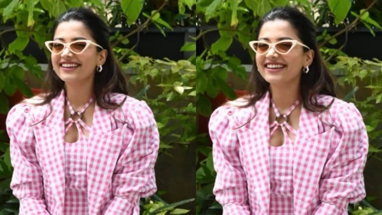 Rashmika Mandanna looks extremely cute in a pink and white gingham dress as she promotes Goodbye in Mumbai