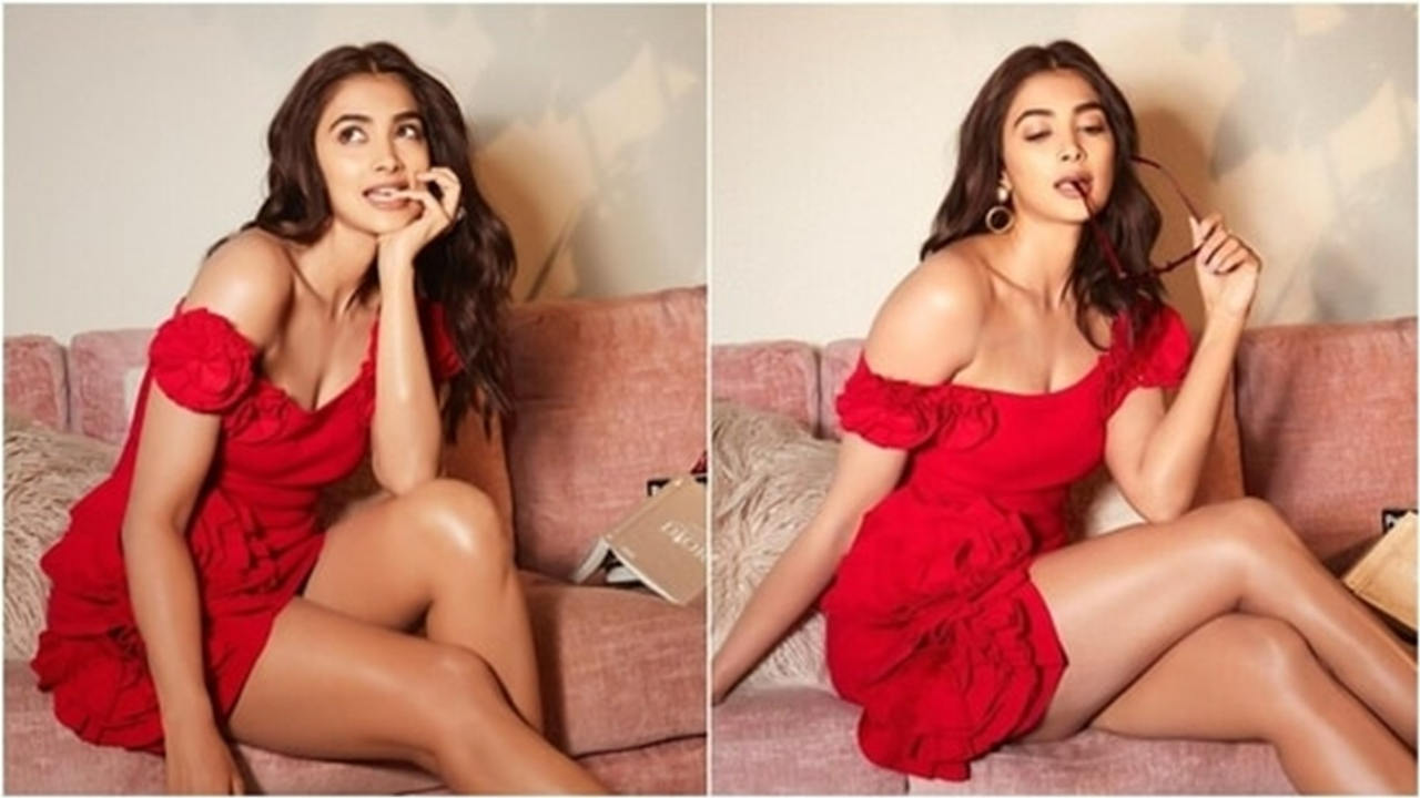 Pooja Hegde looks super cute in a red blouse and mini skirt